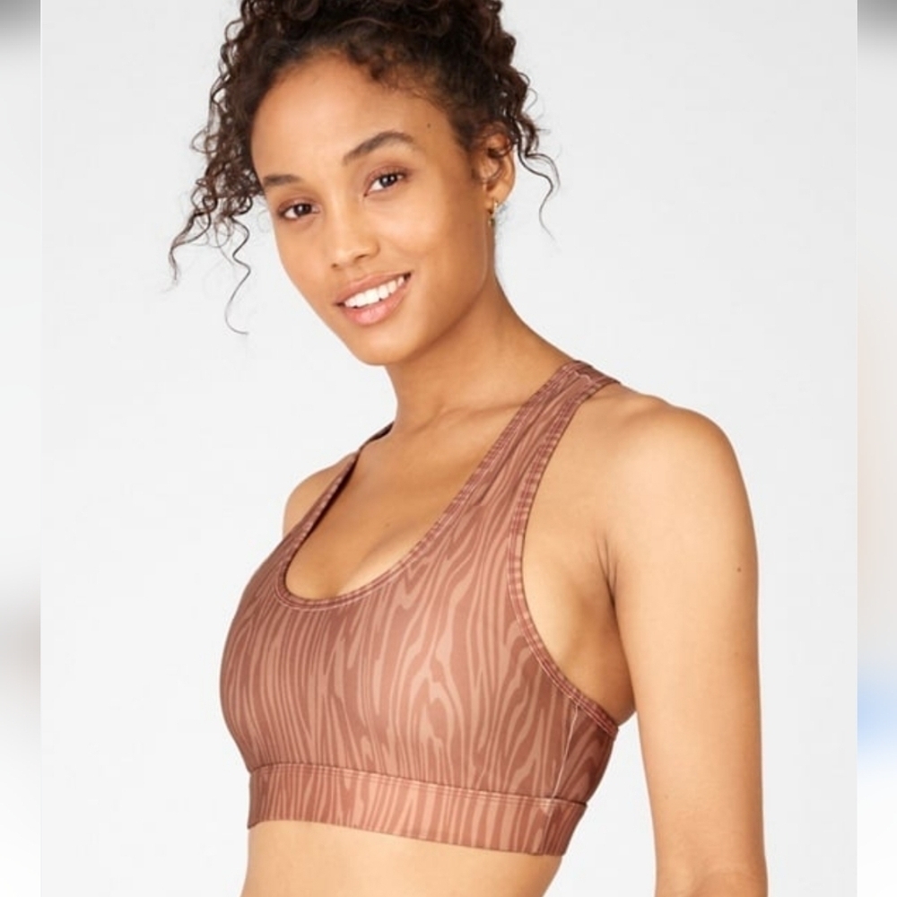 Fabletics Womens Brown Striped Sage Printed Medium Impact Padded Sports Bra M